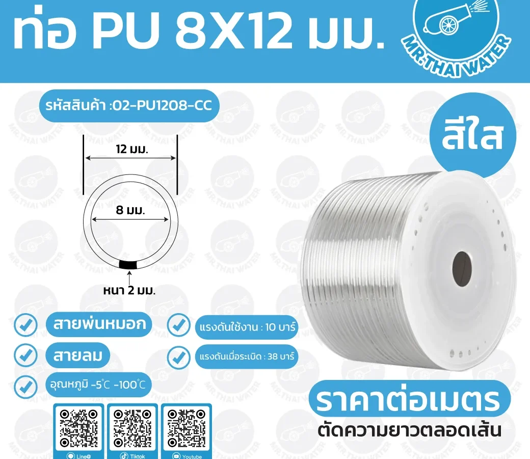 สายลมหรือสายปั๊มลม ท่อลม สายพ่นหมอก ท่อน้ำ PU ขนาด 8x12 มม. สีใส ราคาต่อเมตร สีใส