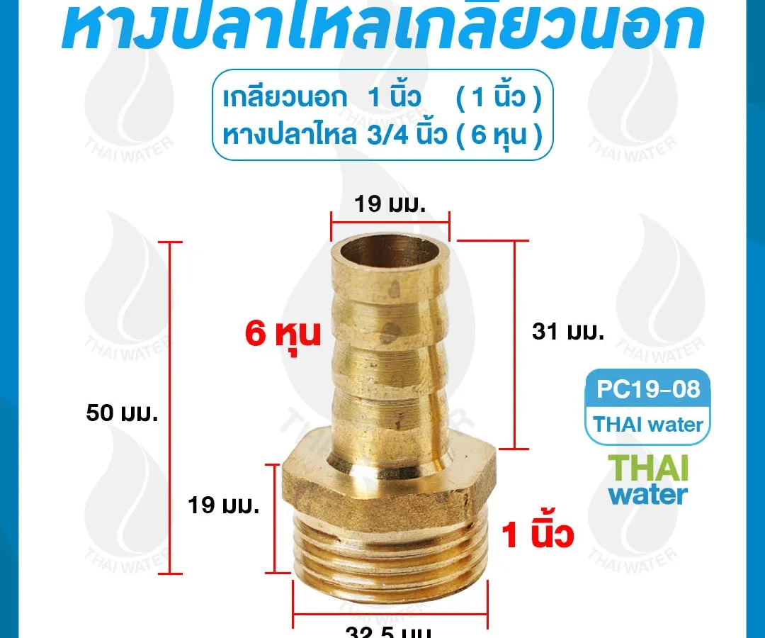 ข้อต่อทองเหลืองเกลียวนอก 1 นิ้ว x หางปลาไหลเสียบสาย 3/4 นิ้ว