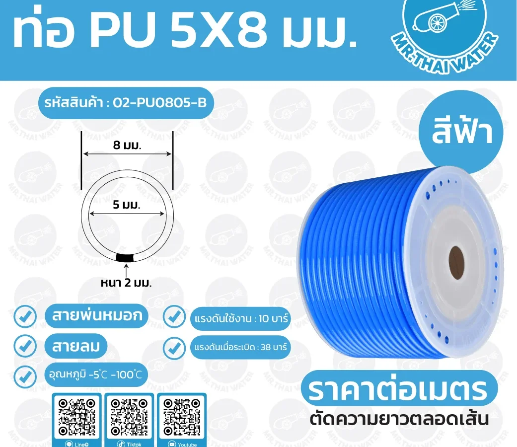 สายลมหรือสายปั๊มลม ท่อลม สายพ่นหมอก ท่อน้ำ PU ขนาด 5x8 มม. สีฟ้า ( ราคาต่อเมตร ) สำเนา สีฟ้า