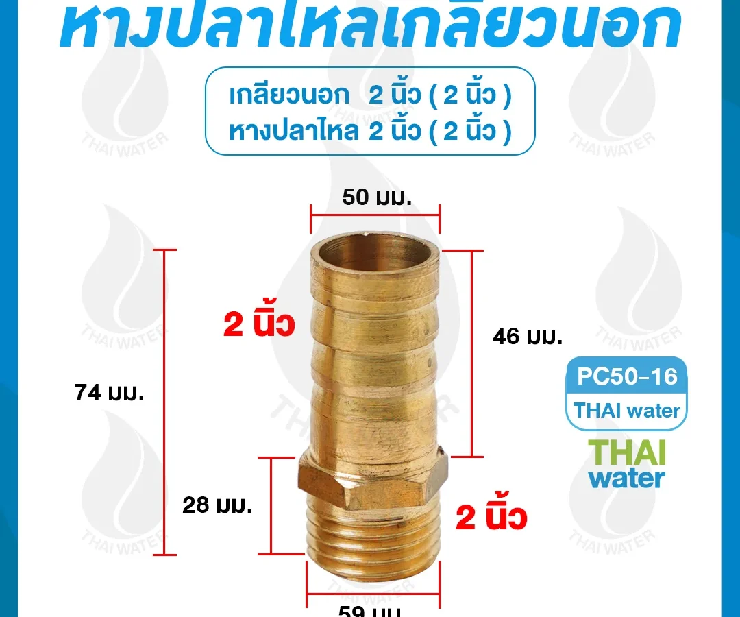 ข้อต่อทองเหลืองเกลียวนอก 2 นิ้ว x หางปลาไหลเสียบสาย 2 นิ้ว ทองเหลือง