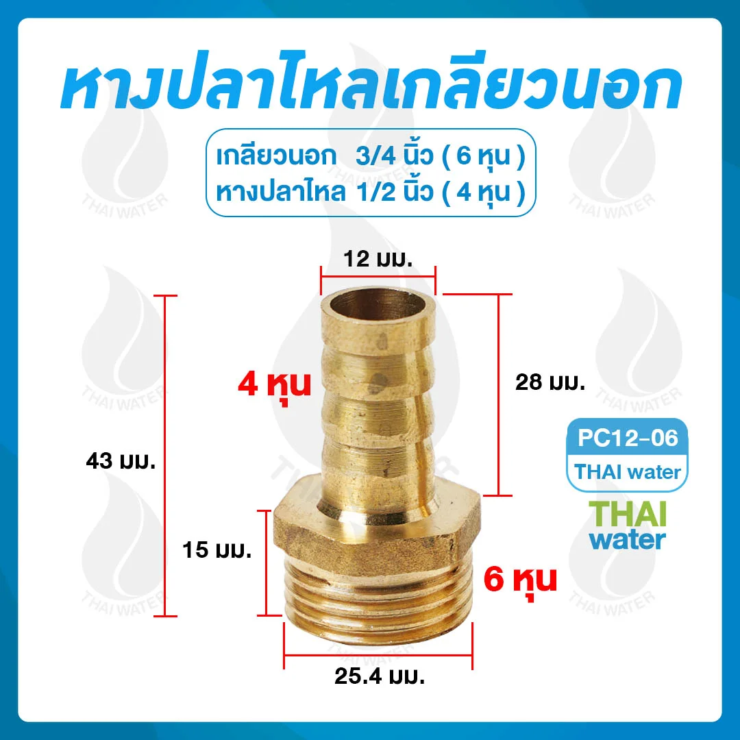 ข้อต่อทองเหลืองเกลียวนอก 3/4 นิ้ว x หางปลาไหลเสียบสาย 1/2 นิ้ว