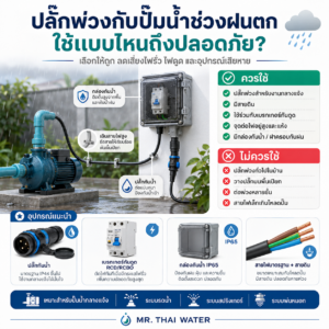 ปลั๊กพ่วงกับปั๊มน้ำช่วงฝนตก วิธีใช้ให้ปลอดภัยด้วยปลั๊กกันน้ำ กล่องกันน้ำ เบรกเกอร์กันดูด RCD/RCBO สายดิน และอุปกรณ์ไฟฟ้ากลางแจ้ง
