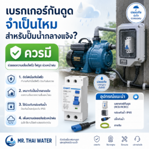 เบรกเกอร์กันดูดสำหรับปั๊มน้ำกลางแจ้งช่วงหน้าฝน พร้อมกล่องกันน้ำ ปลั๊กกันน้ำ สายดิน Timer และอุปกรณ์ระบบน้ำ เพื่อป้องกันไฟรั่วและเพิ่มความปลอดภัย